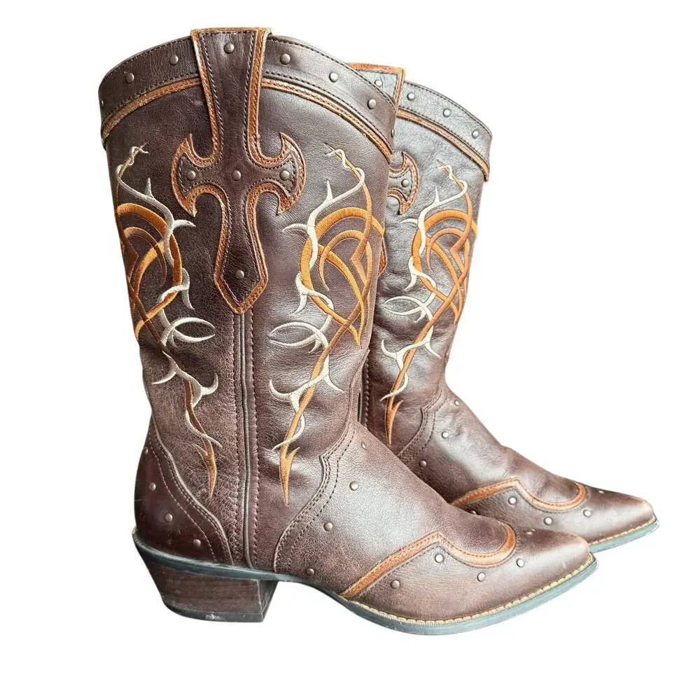 Durango Crush Cowboy Boots Women’s Brown Leather Embroidered‎ w/ Cross 13” - 9.5